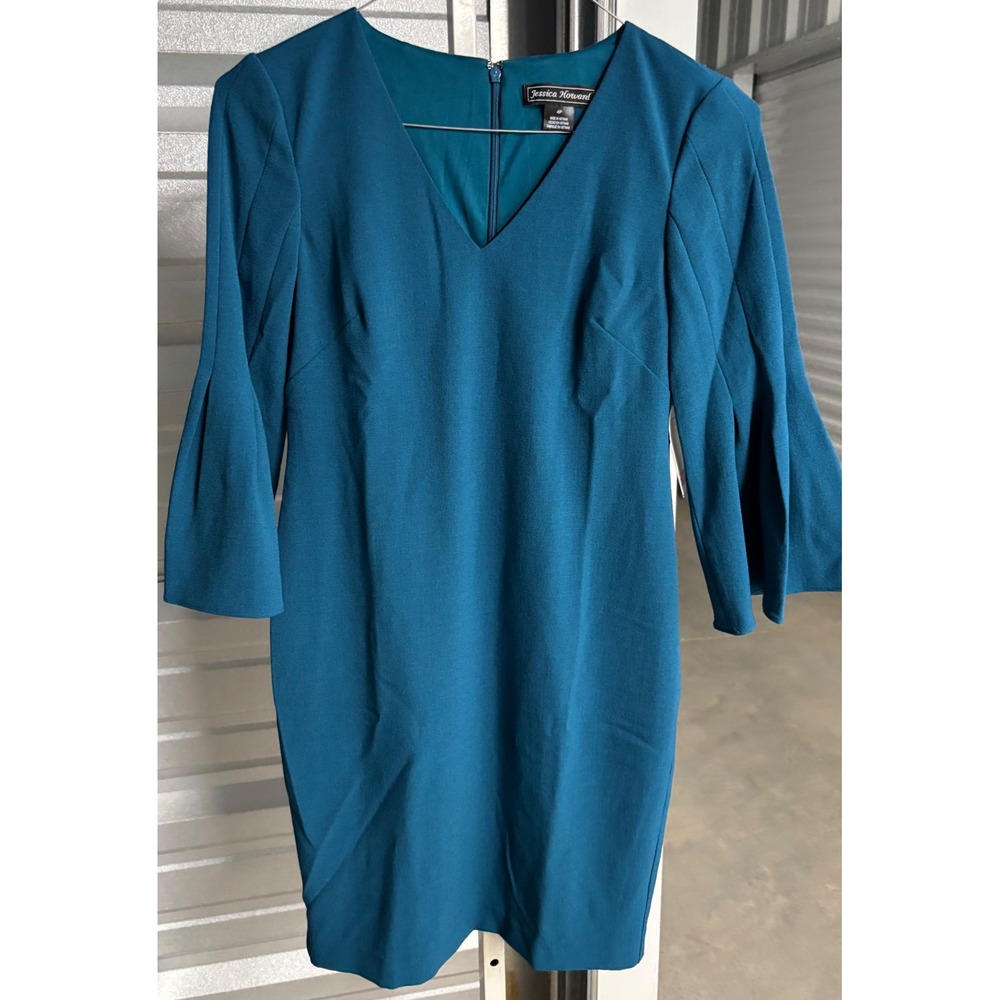 Jessica Howard Teal Blue V-Neck Bell Sleeve Sheath Dress 4P